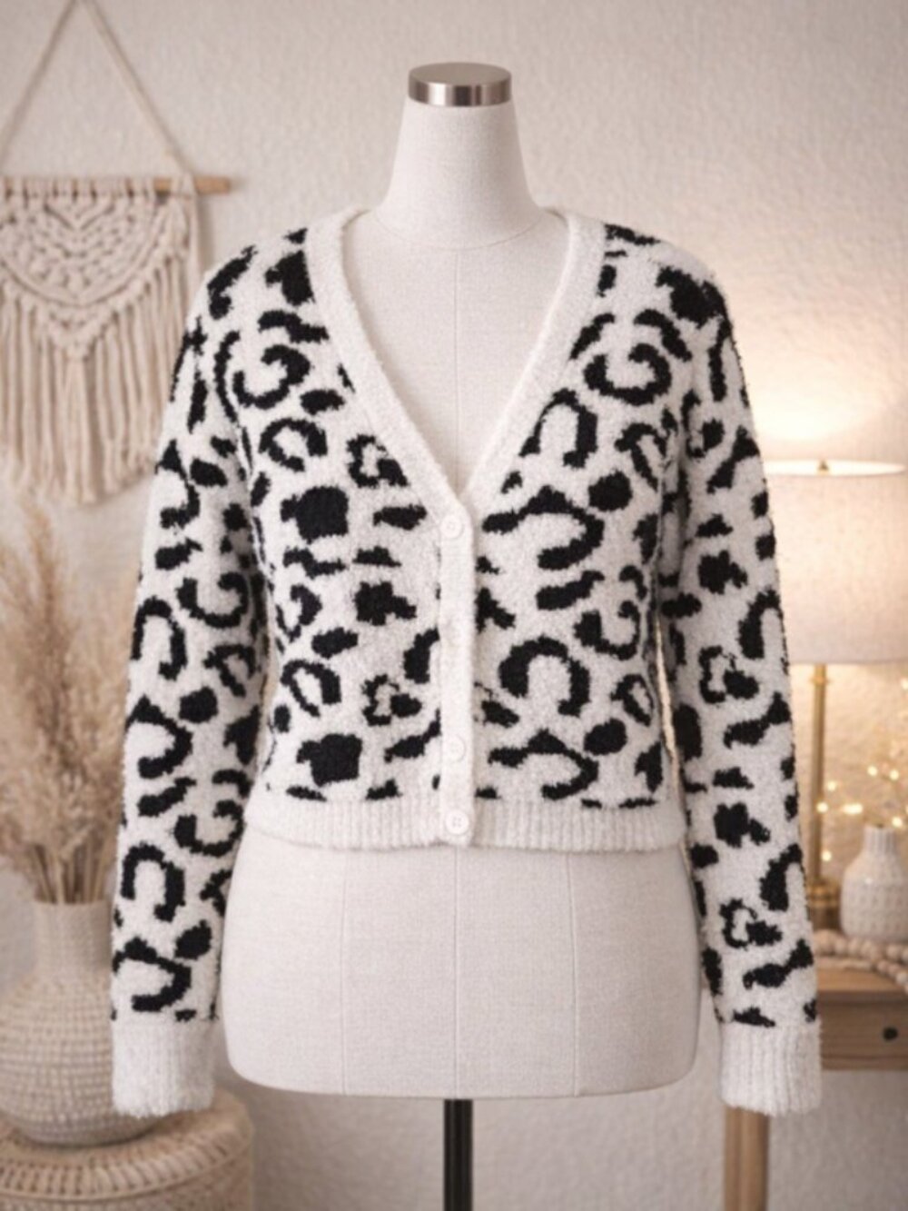 Colsie Fuzzy Leopard Print Cardigan Sweater L Cozycore Y2K Soft Grunge Lounge